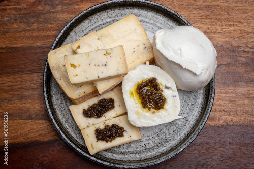 Fotografía Italian cheese collection, yellow taleggio cheese and mozzarella with black truf