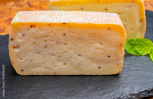 Canvas Print Italian cheese collection, yellow taleggio cheese with black truffles mushrooms