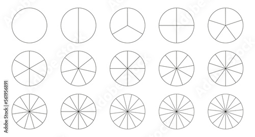 Segment slice icon. Pie chart template. Circle section graph line art. 1,2,3,4,5,6,7,8,9,10,11,12,13,14,15 segments infographic. Diagram wheel parts. Geometric element.