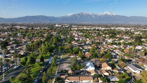 Aerial view of Ontario city in California with mountains in the background, California, USA