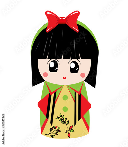 Japanese kokeshi doll in green outfit, with a hoop on her head. Vector illustration, isolated on white background