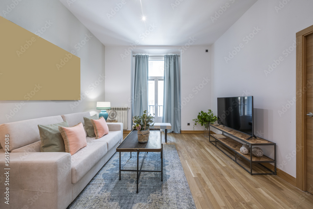 Fototapeta premium Living room of a vacation rental home with a three-seater sofa upholstered in beige fabric with silk cushions, a metal coffee table on a blue rug, and a television in an industrial-style suite