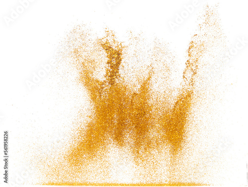 Explosion metallic gold glitter sparkle bokeh isolated white background decoration. Golden Glitter powder spark blink celebrate, blur foil part explode in air, fly throw gold glitters particle shape