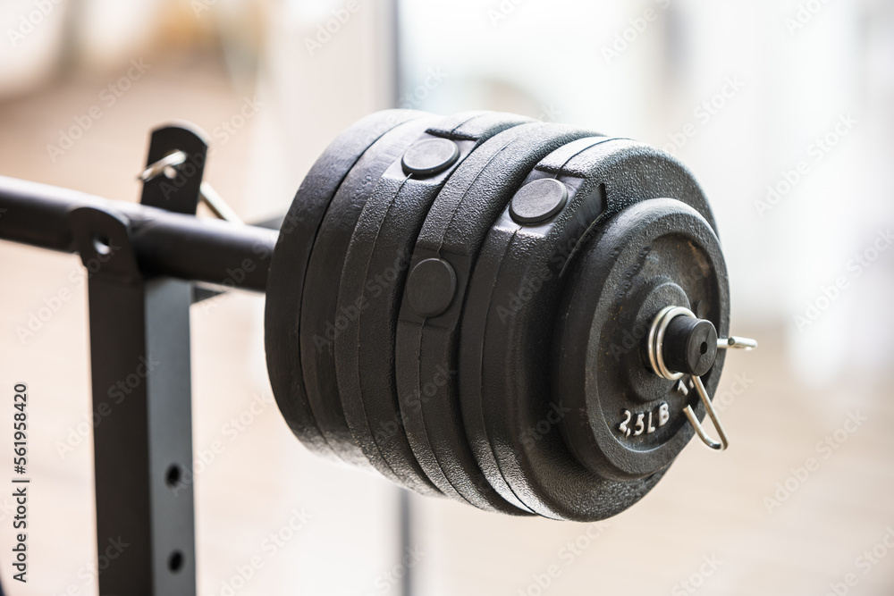 some black metal dumbbells with a bar in a home gym some black metal dumbbells with a bar in a home gym