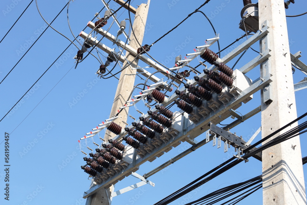 Capacitor bank on pole. close up capacitor bank for increasing control