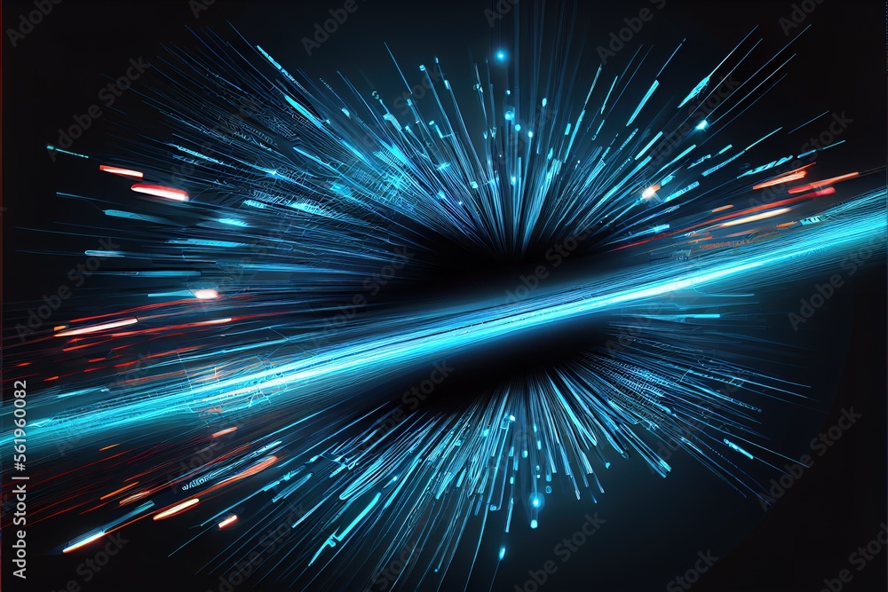 Fototapeta premium Blue light streak fiber optic speed line futuristic background with Generative AI