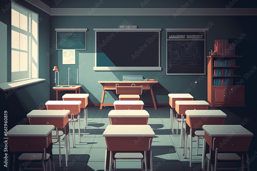 Empty classroom with chairs, desks and chalkboard. Generative AI Empty classroom with chairs, desks and chalkboard. Generative AI