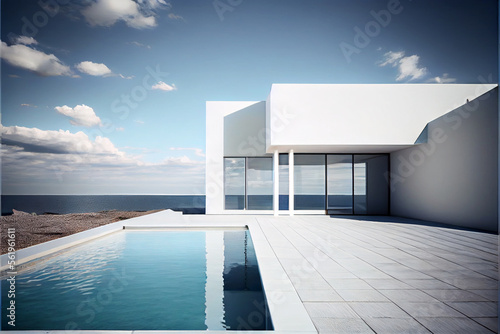 Beautiful residential villa. Modern architecture with swimming pool and sea view. Generative AI illustration © ardanz