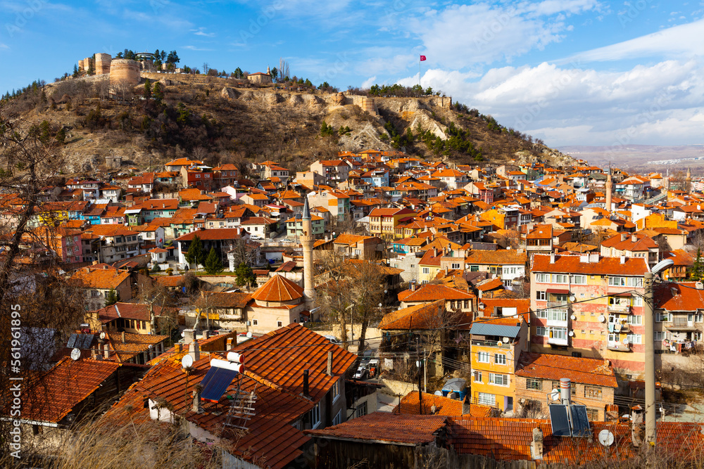 Picturesque aerial view of Kutahya cityscape with similar brownish tiled roofs on residential buildings located at foot of ancient castle hill on sunny winter day, Turkey