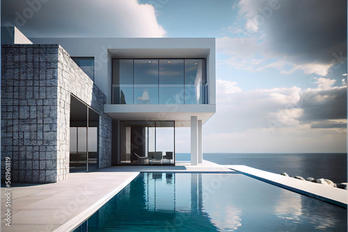 Luxury residential villa. Modern architecture with beautiful swimming pool and sea view. Generative AI illustration © ardanz