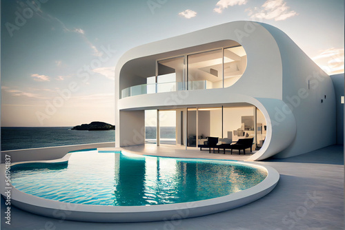 Luxury residential villa. Modern architecture with beautiful swimming pool and sea view. Generative AI illustration