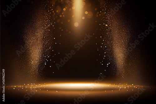 Golden confetti on empty festive stage with light. Generative AI illustration