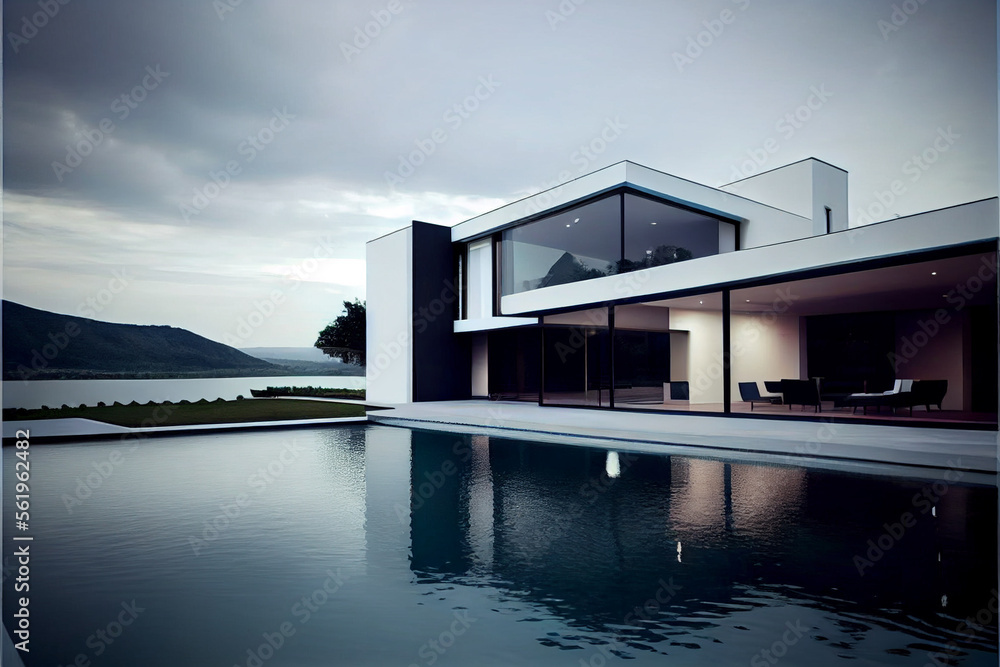 Beautiful and luxury residential minimalist villa. Modern architecture with swimming pool and lake view. Generative AI illustration