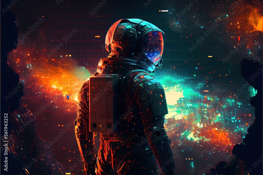 Fototapeta premium Astronaut on a futuristic background Sci fi colorful with Generative AI
