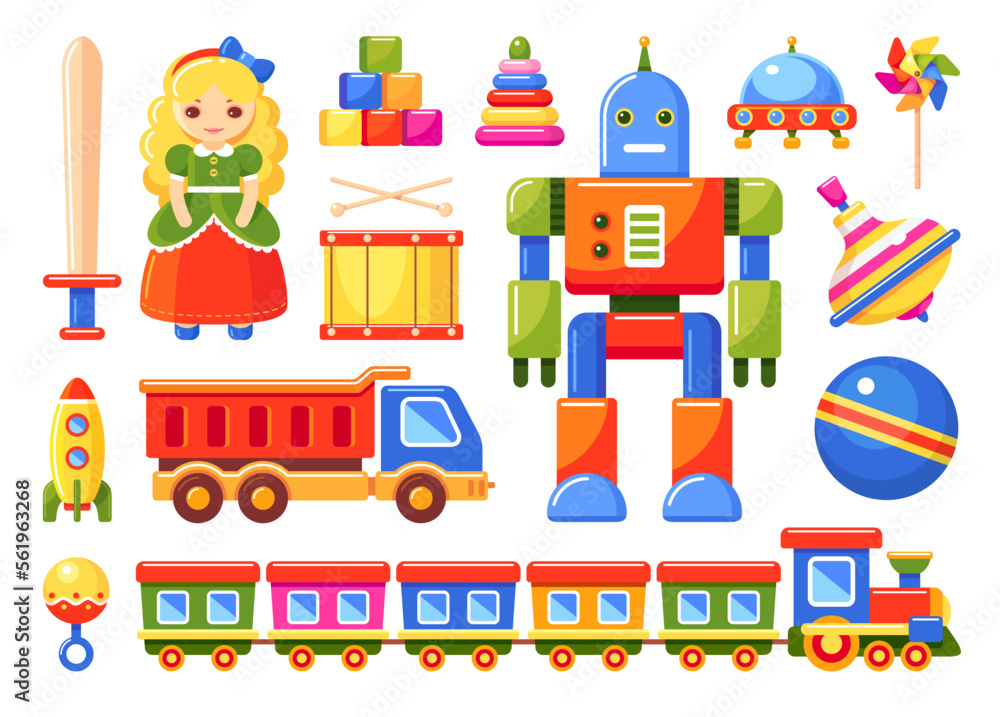 Toys set with doll, rattle, rocket, train, truck, toy blocks, robot, ball, drum, pinwheel, whirligig, ufo, pyramid and sword. Vector flat cartoon colorful illustrations isolated on white background