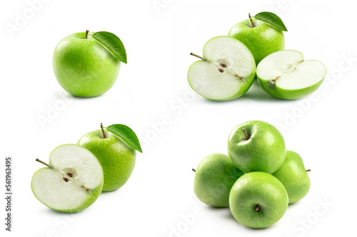 Set of Green apple fruits with half and leaves on white