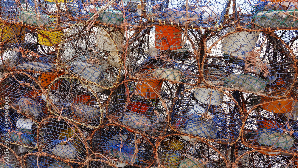Lobster pots waiting to be loaded onto fishing boats. Essaouira, Morocco.