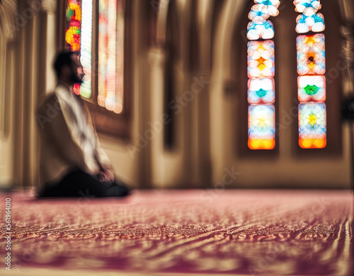 professional photo of a person knelling in a beautiful Mosque , Ramadan Islamic Holy Day - AI Generated photo