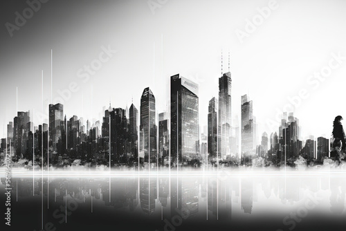 Trading investment business intelligence concept website panorama header double exposure modern city view in black and white. Generative AI