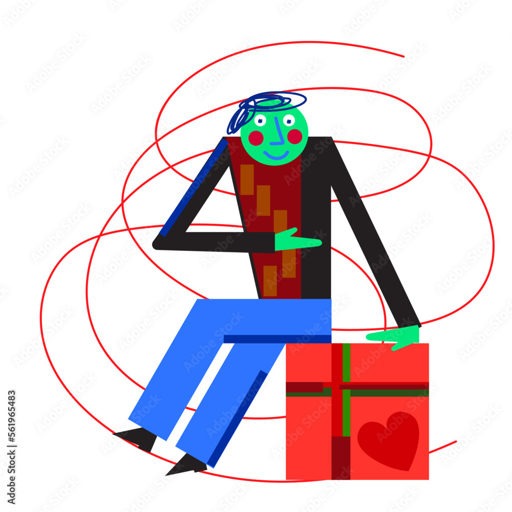 a smiling man is sitting on a gift box. cute playful vector illustration. a smiling man is sitting on a gift box. cute playful vector illustration.