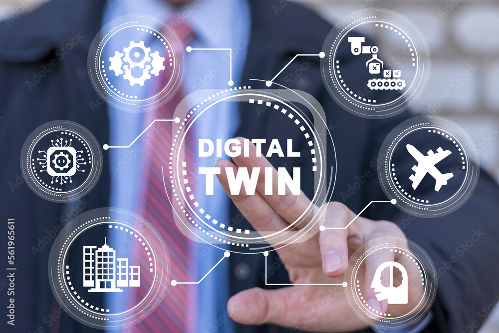 Businessman using virtual touch screen presses the inscription: DIGITAL ...
