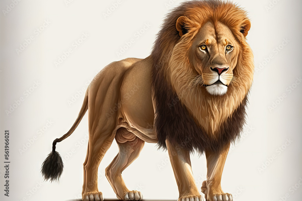 Obraz premium A lion strolling in the side and addressing the camera 10 year old Panthera Leo, alone on white. Generative AI