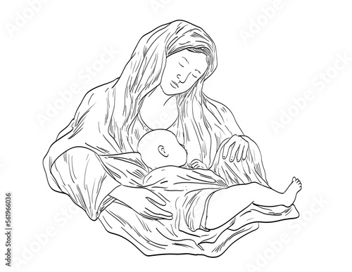 Line art drawing illustration of Madonna and the baby child Jesus done in medieval style on isolated background.
