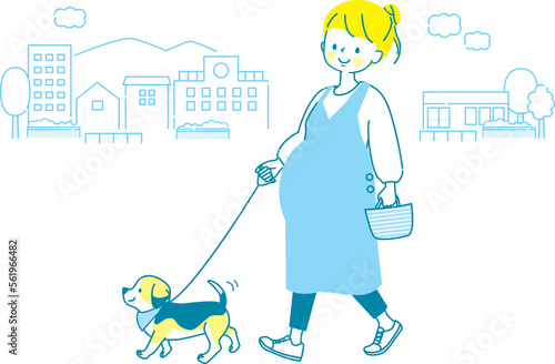 犬の散歩をしている若い妊婦のイラスト