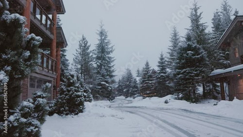 Alpine homes at the foot of Whistler Mountain, snow falling trees, winter scene, log cabin, luxury vacation home. 4K 24FPS