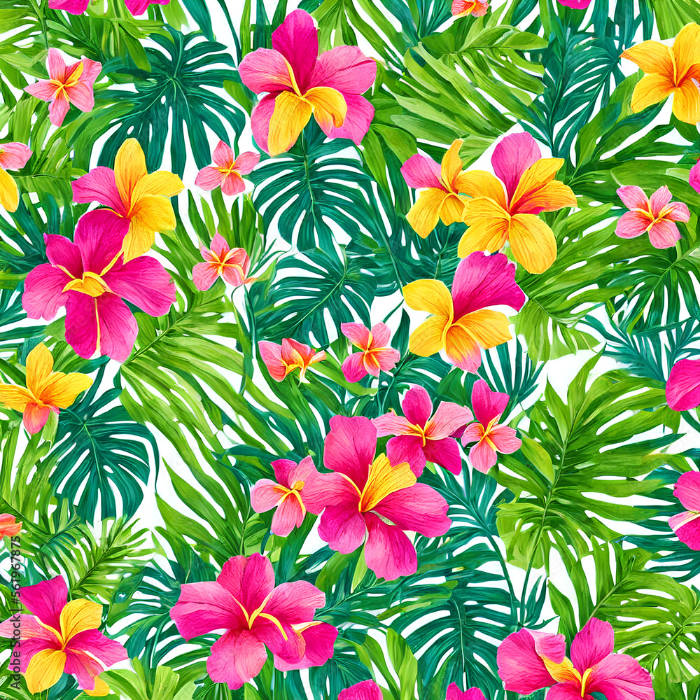 A stunning close-up of a tropical paradise with lush greens and bright-colored flowers, with a painterly style that will add warmth and energy to any room
