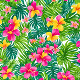 A stunning close-up of a tropical paradise with lush greens and bright-colored flowers, with a painterly style that will add warmth and energy to any room
