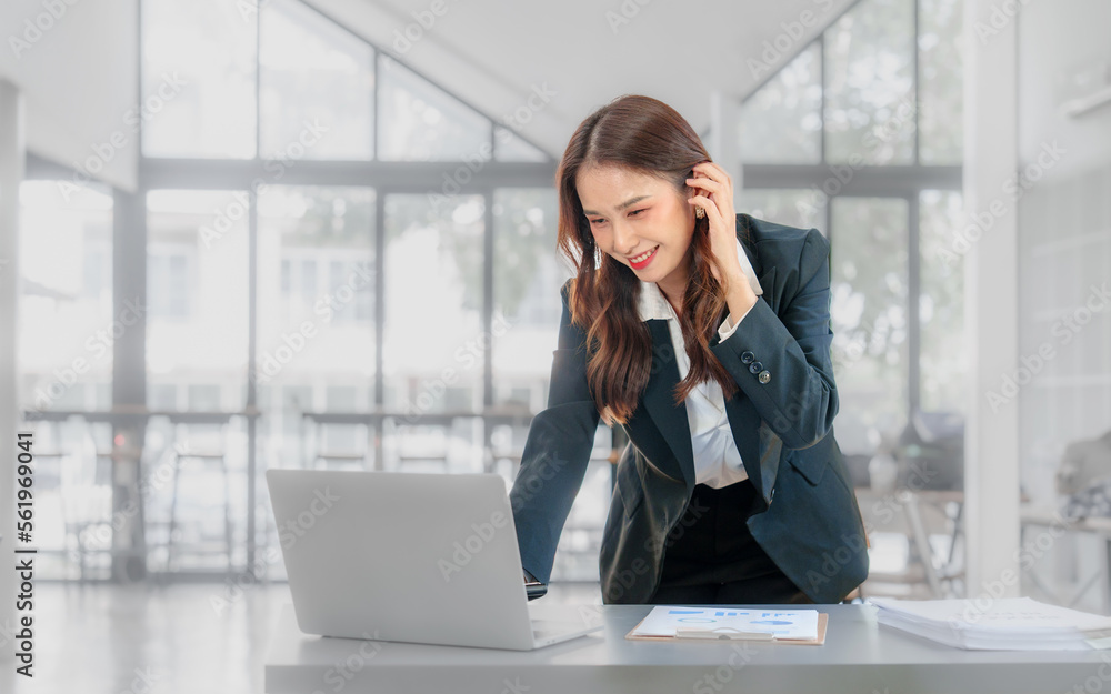 Stock market trader business woman asian people working at business office workplace fund loan data. Smile happy trust in HR job.