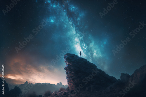 Night sky long exposure landscape. A man standing on a high rock watching the stars rise into the night sky. Photo composite. Generative AI