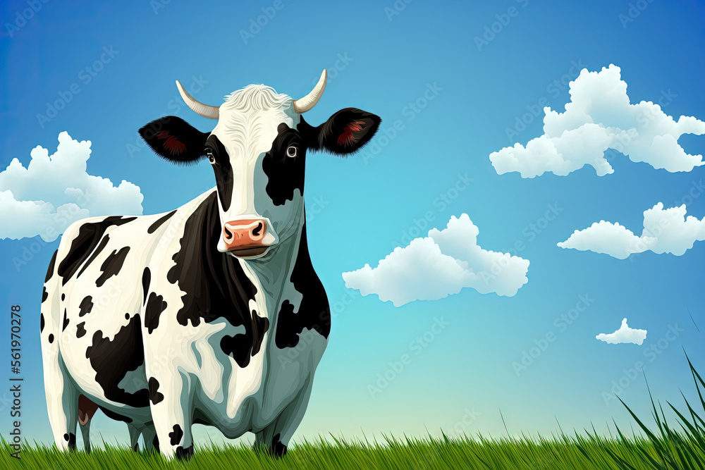 cow on the background of sky and green grass. Generative AI