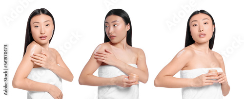 Collage with photos of Asian woman applying body cream on white background
