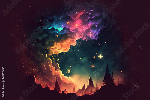 Stars falling at night Nebula. Generative AI