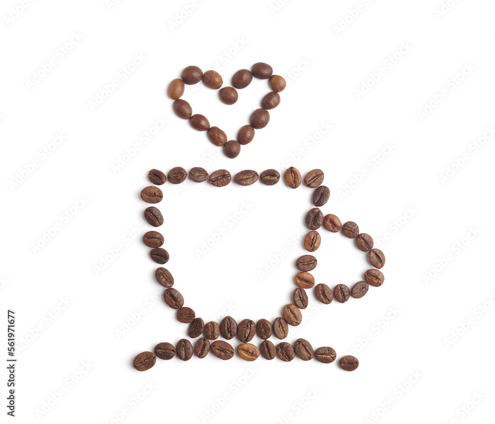 Cup of hot drink, composition made with coffee beans isolated on white, top view Cup of hot drink, composition made with coffee beans isolated on white, top view