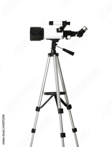 Tripod with modern telescope on white background