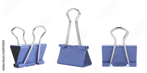 Set with light blue binder clips on white background