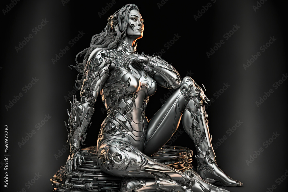 Fototapeta premium Cyborg silver woman sitting on one knee and smiling. Generative AI