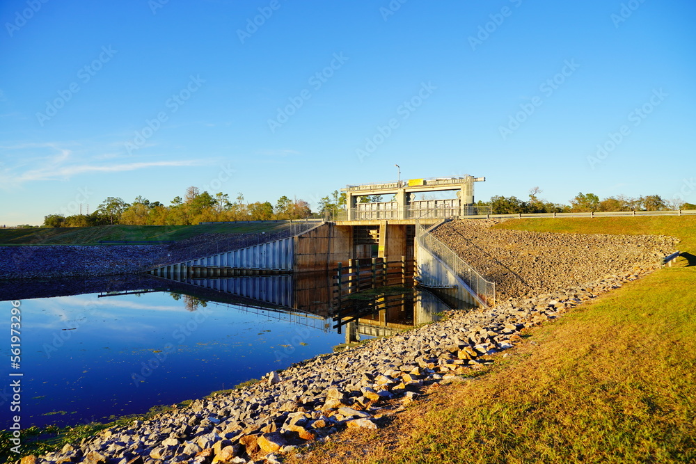 A dam on Hillsborough river at Tampa, Florida at sun set	