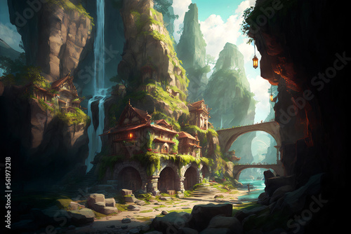 Fantasy stronghold or town overgrown with plants scene AI generative	