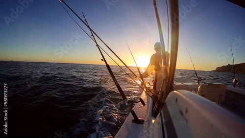 Deep Sea Fishing Boat Rods Mate Ocean Sunrise Sunset