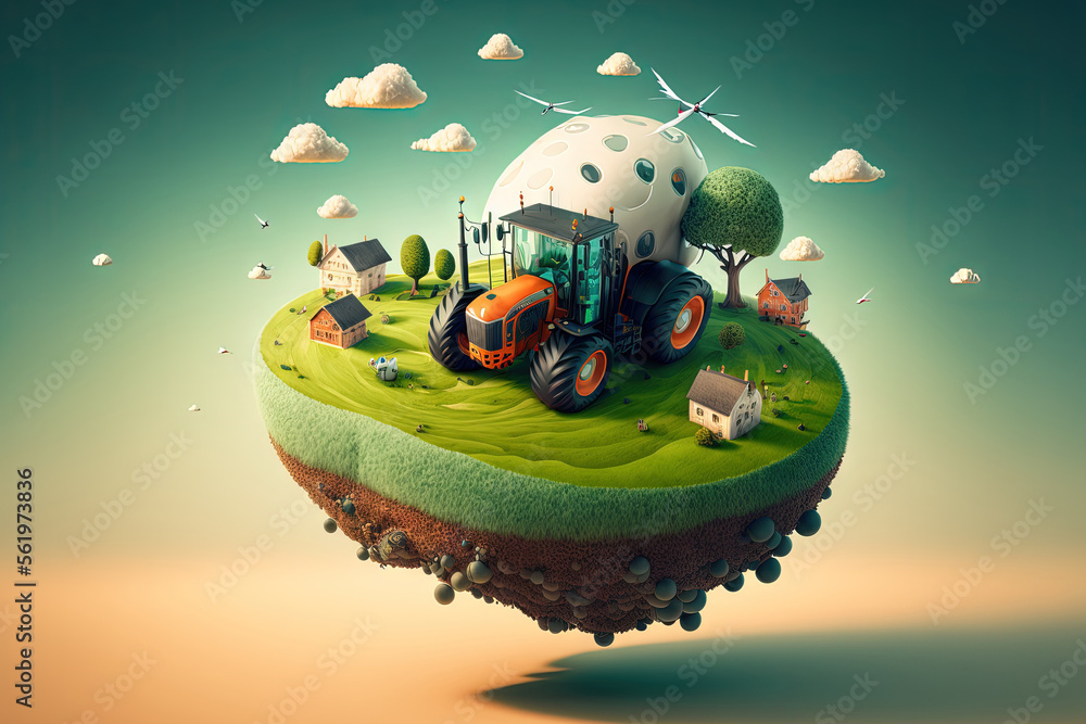 Tractor on a floating piece of land with a farm meadow and crops is an ...