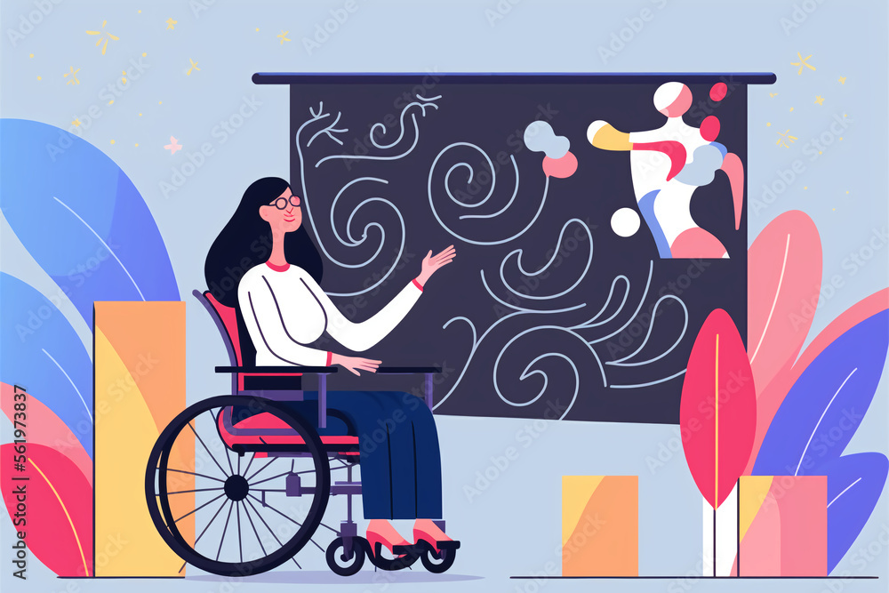 Woman in wheelchair giving presentation. Flat vector illustration, generative art concept