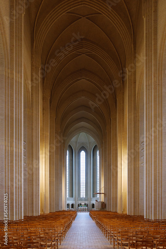 Diminishing perspective view at the nave atrium of Grundtvig Church, iconic expressionist protestant church. 