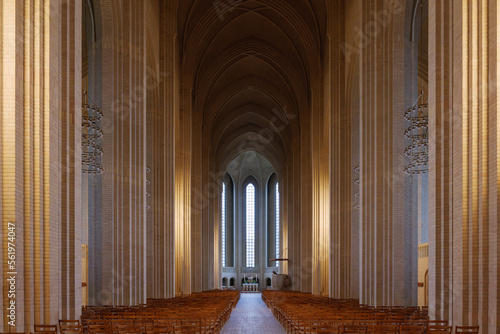 Diminishing perspective view at the nave atrium of Grundtvig Church, iconic expressionist protestant church. 