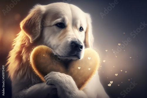 Beautiful dog with heart shaped pillow. generative AI.