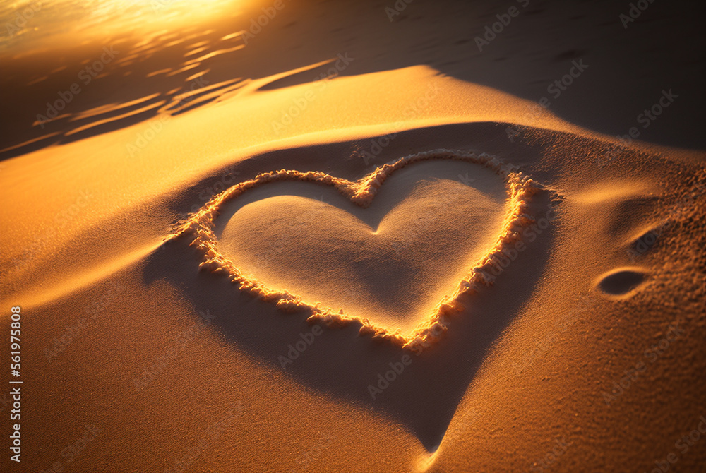 Fototapeta premium Valentines day on sunset beach. hearts drawn in sand,love concept. Generative Ai.