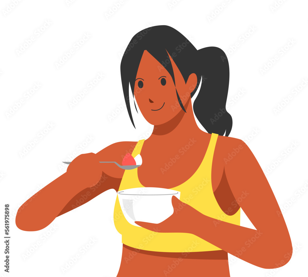 African American girl eating something holding spoon and bowl salads or cereals. concept of health, fit, lifestyle, etc. vector flat style illustration. African American girl eating something holding spoon and bowl salads or cereals. concept of health, fit, lifestyle, etc. vector flat style illustration.